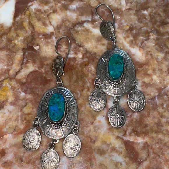 Native American Azurite Malachite 925 Earrings VTG - Picture 7 of 10